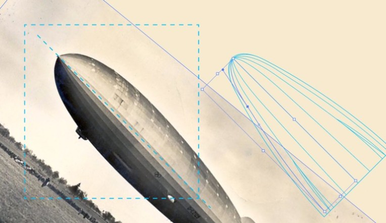 A screenshot of an airship photograph and vector rendering