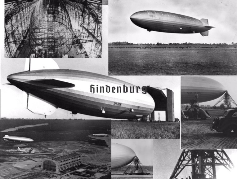 Black and white photographs of the Hindenburg airship