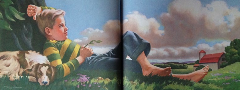 Illustration of a boy and his dog resting in a field