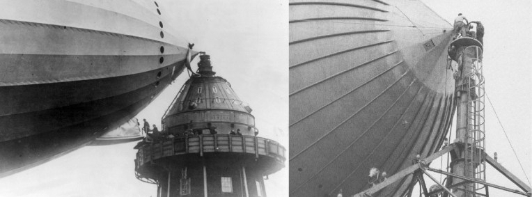 Left: British MPs walk onto the R101 airship gangplank, in Cardington, England, in the 1920s. (Image: Library of Congress) Right: A close-up view of an airship being prepared for undocking. (Image: Unknown)