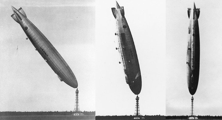 USS Los Angeles does a spectacular nose stand whilst tied to the mooring mast at Lakehurst, New Jersey (1926). The 200-metre (660-foot) airship was upended by a turbulent wind, but slowly righted itself. There were no serious injuries to the crew of 25.