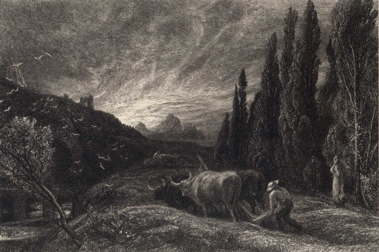 “The Early Ploughman”, circa 1860, an etching by Samuel Palmer (1805–1881). Source: Tate