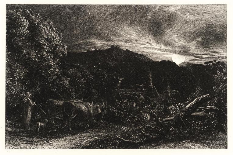 “The Weary Ploughman”, circa 1860, the companion piece to “The Early Ploughman”, an etching by Samuel Palmer (1805–1881). Source: The British Museum